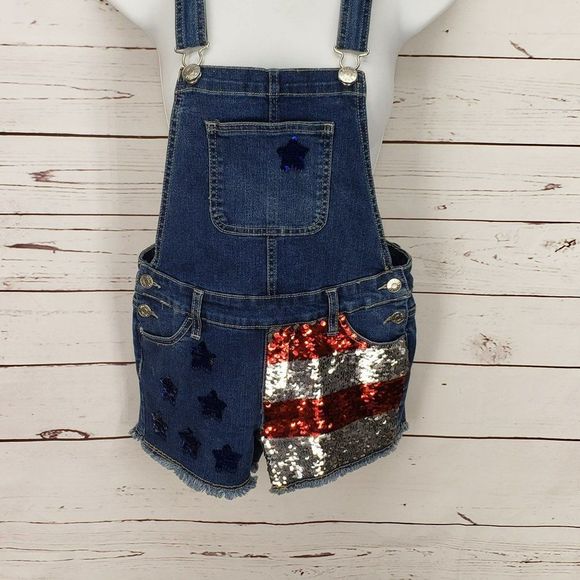 Justice Girl’s Denim Sequin American Flag Summer Shortalls Overalls Size‎ 12 - Picture 13 of 13